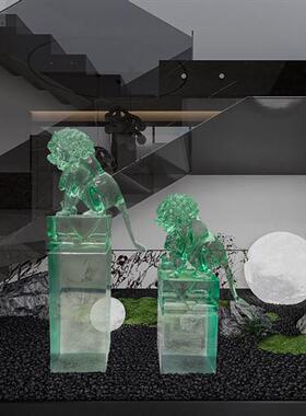 透明金箔狮子落地摆件貔貅拴马桩立柱酒店售楼处别墅招财镇宅雕塑