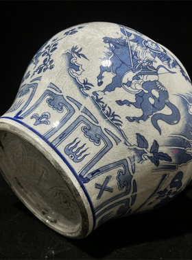 老瓷器官窑微瑕青花鬼谷子下山图储物罐文玩老货收藏中式陶瓷摆件