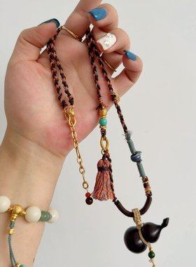 夫人手作 手工编绳大葫芦沉香木吊坠可调节项链毛衣链饰品