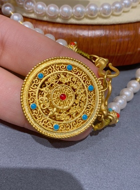 珍珠花丝古法金五福镂空圆盘长款项链毛衣链汉服配饰