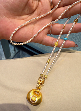 夫人手作 原创手工施家珍珠黄金吊坠小胖福链条项链饰品挂坠链