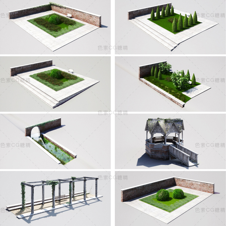 英式欧式花园林景观长廊植物灌木石头3d三维模型mayamaxc4dblende - 图2