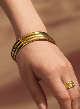 谜丽高品质5MM素圈手镯电镀18K真金不锈钢镯子简约通勤奢华感饰品