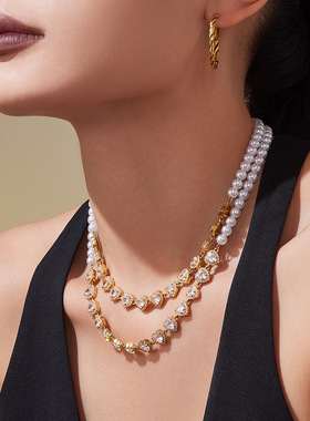 谜丽精选高光贝珠心形锆石手工拼接锁骨链 镀18k金轻奢华丽首饰