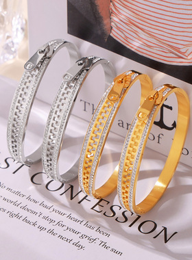 欧美风新款拉链满钻手镯个性创意设计感不锈钢镀18k金不掉色饰品