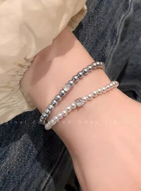 韩系珍珠锆石手链女小众设计感细款简约通勤手饰百搭闺蜜手串配饰