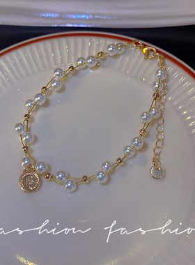 简约小众设计ins风手链女创意不对称个性人头像手镯珍珠手饰