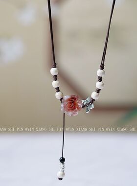 陶瓷玫瑰编织项链女2024年新款爆款时尚复古配饰可抽拉长款锁骨链