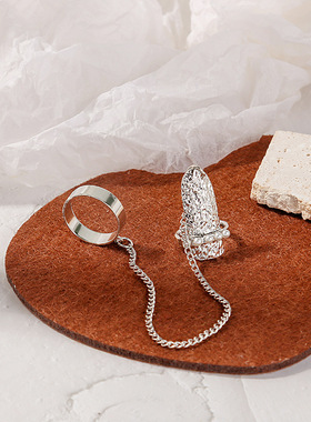 个性创意链条珍珠指甲戒 甜酷冷淡开口新潮金属肌理炸街戒指指环