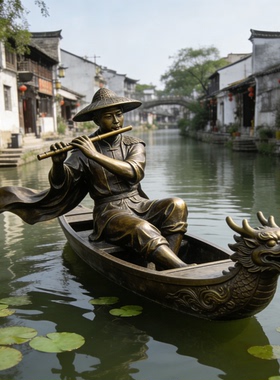 人物坐船玻璃钢仿铜铸铜古代雕像景区公园景观摆件定制船夫情景