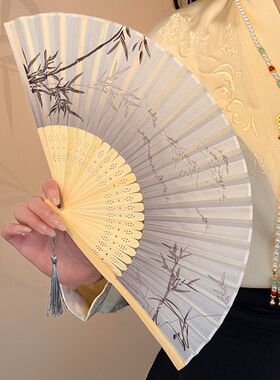 新中式黑色竹子折叠扇子便携