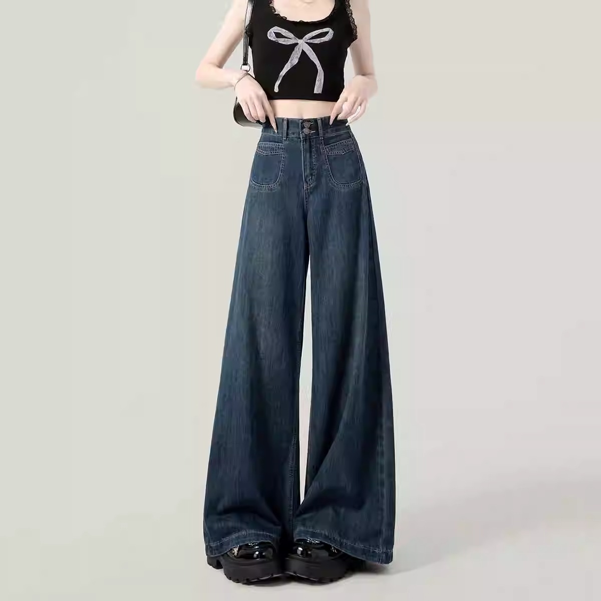 大码高腰阔腿牛仔裤女2025年秋冬加绒梨形小个子慵懒宽松直筒裤子 - 图2