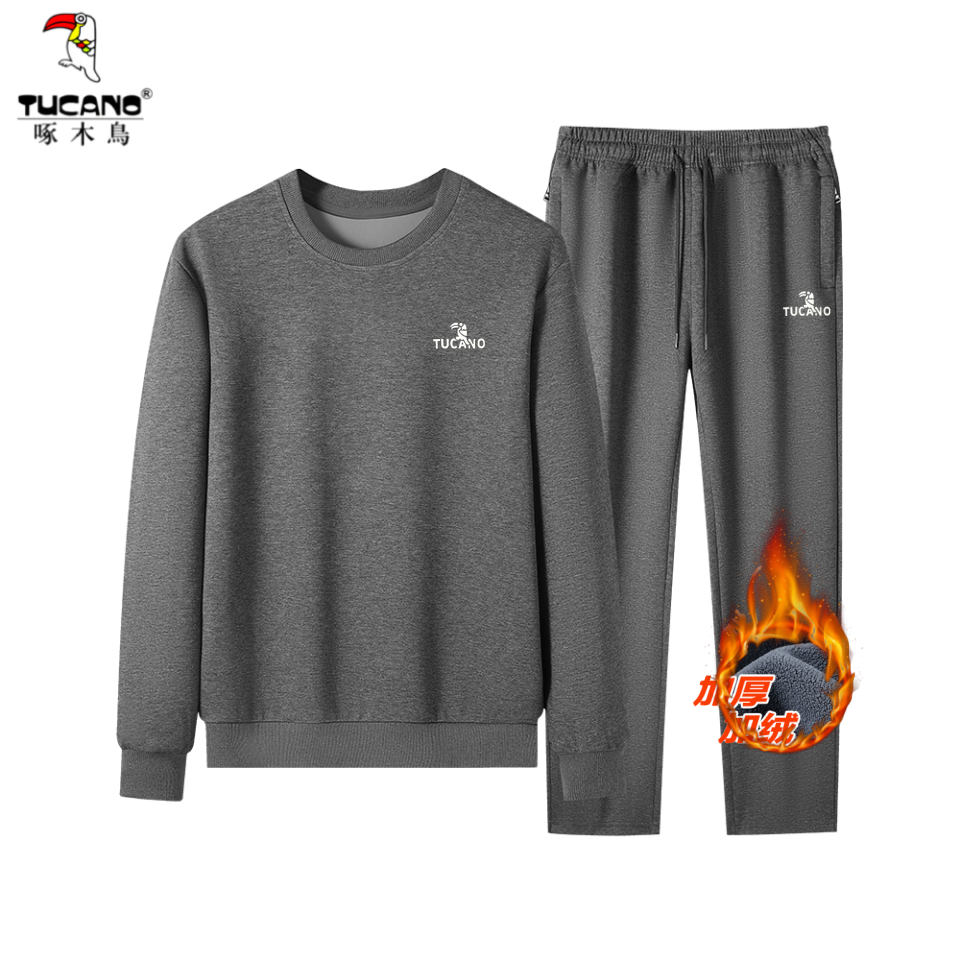啄木鸟运动套装男秋季加绒加厚纯棉休闲圆领卫衣长裤两件套跑步服,淘宝优惠券,粉丝福利购,淘宝优惠卷