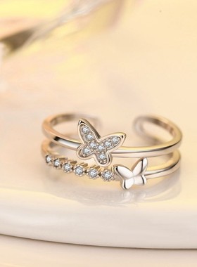 双层蝴蝶戒指女小众清新镂空食指尾戒ins风镶钻单层蝴蝶开口指环
