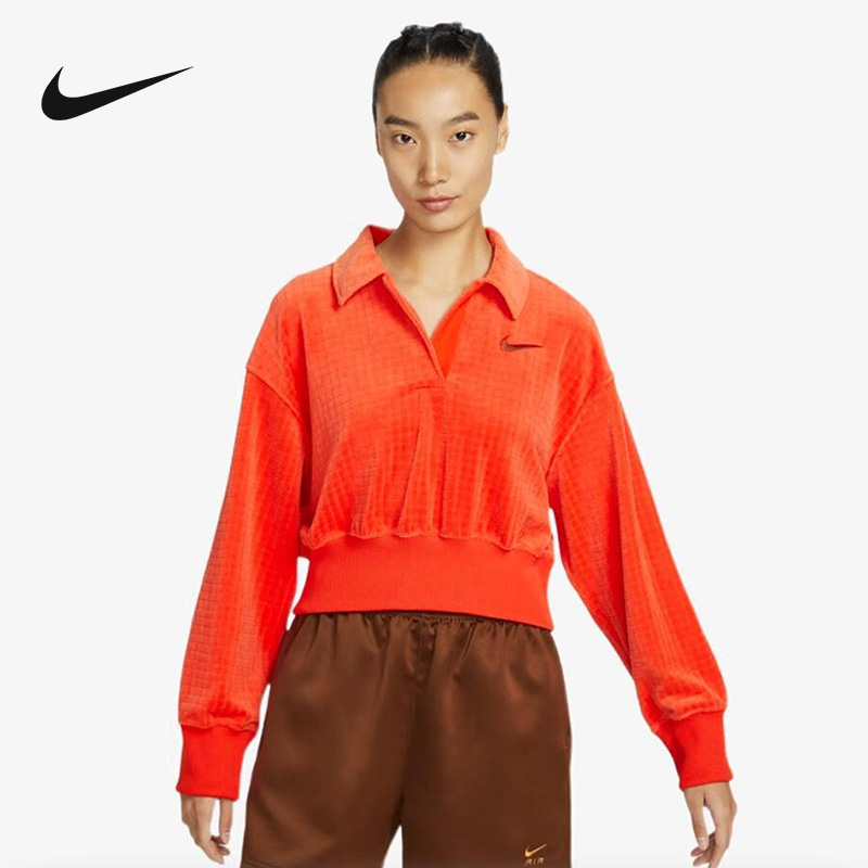 Nike耐克POLO衫女装2024春季新款时尚平绒长袖翻领休闲上衣DV7815