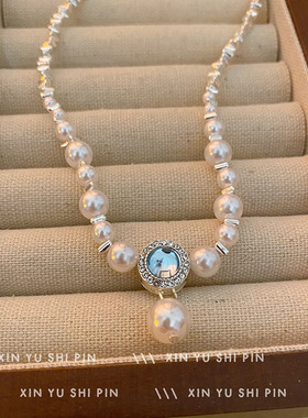 海蓝宝珍珠项链女文艺复古ins冷淡风小众设计百搭甜美精致锁骨链