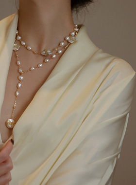 法式轻奢不规则褶皱珍珠款项链秋冬小众时尚气质毛衣链高级感饰品