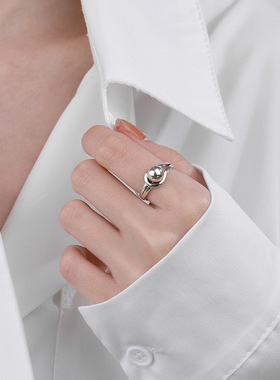 云潮轩S925纯银欧美简约冷淡风几何圆球独特设计感开口戒指男女