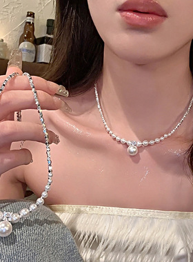 碎银子珍珠时尚百搭项链女轻奢小众法式锁骨链2023年新款颈链配饰