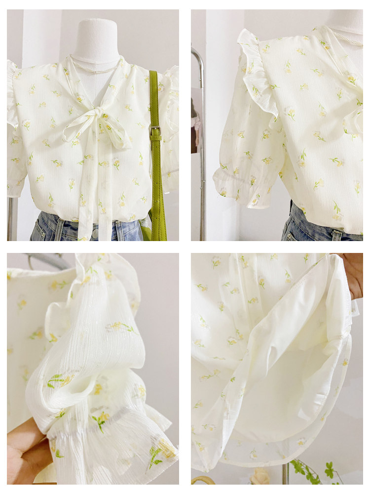 小清新绿色碎花雪纺衫女短袖夏衬衫 莲妲衬衫