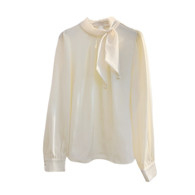 French gentle style bow satin long sleeve shirt for women