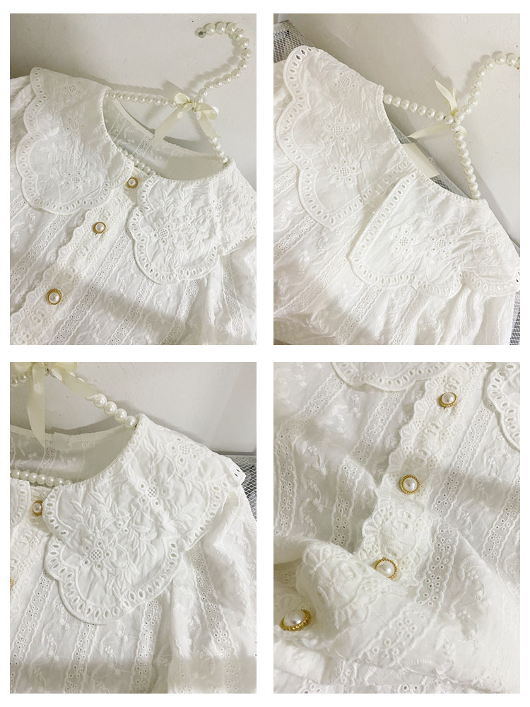 白色蕾丝刺绣娃娃领女短袖2022衬衫 莲妲衬衫