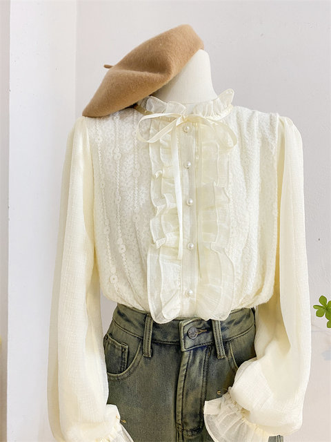 Sweet long-sleeved lace stand-up collar ruffled shirt plus velvet