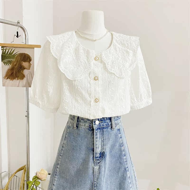 白色蕾丝刺绣娃娃领女短袖2022衬衫 莲妲衬衫