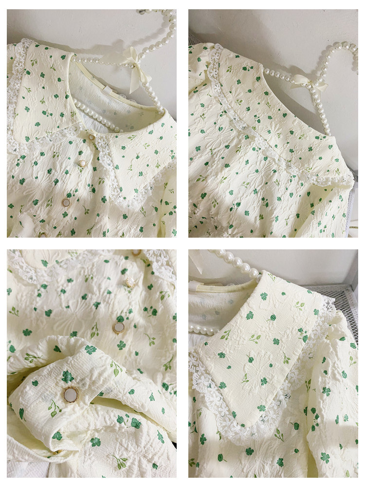 法式蕾丝花边娃娃领碎花女夏衬衫 莲妲衬衫