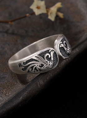 泰银做旧复古饰品 S990足银双凤凰戒指 开口民族风指环女=