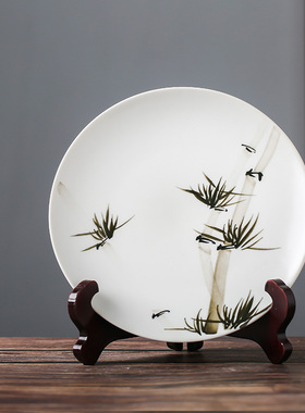 现代新中式古典水墨禅意竹盘客厅书房坐盘挂盘瓷盘摆件装饰工艺品