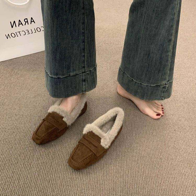 香港平底懒人一脚蹬加绒乐福鞋女秋冬季外穿毛绒豆豆鞋保暖棉瓢鞋,淘宝优惠券,粉丝福利购,淘宝优惠卷