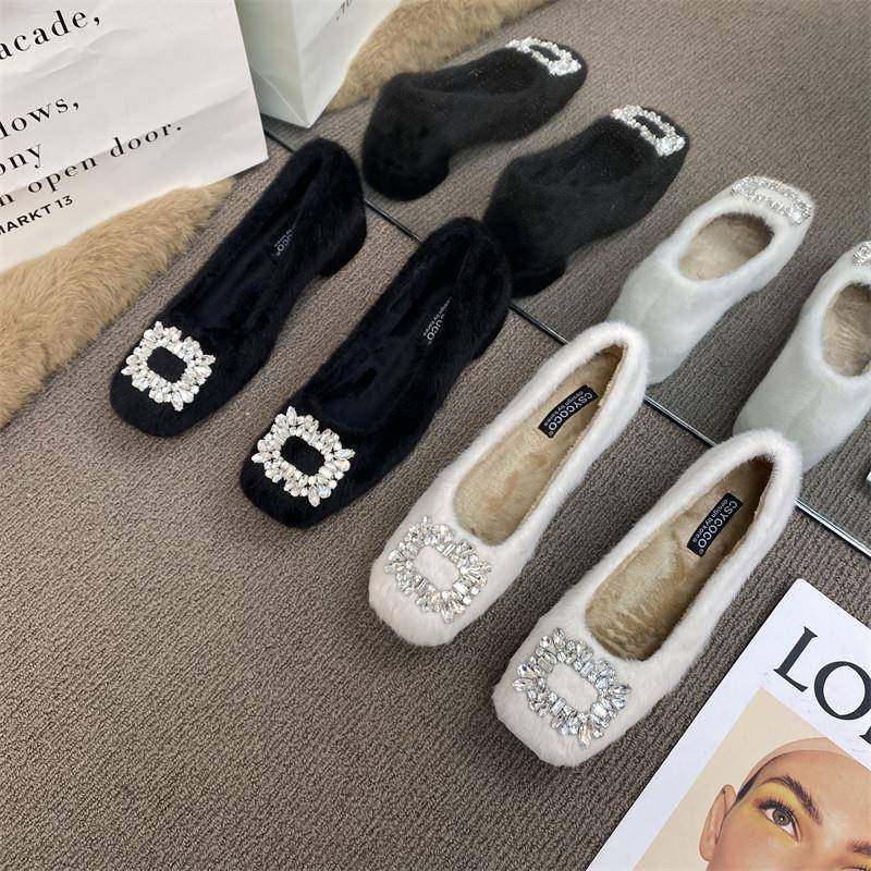 潮牌粗跟毛毛鞋女冬季外穿2025新款高级加绒豆豆鞋水钻扣保暖棉鞋,淘宝优惠券,粉丝福利购,淘宝优惠卷