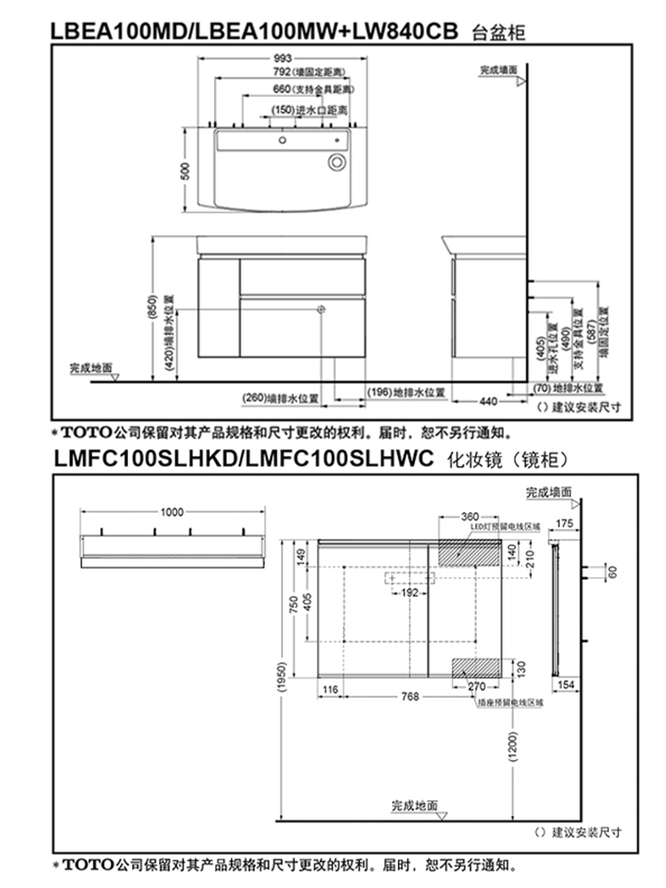 TOTO浴室柜LBEA100MW MD现代小户型挂墙家用一体陶瓷洗手盆(06-D) - 图3