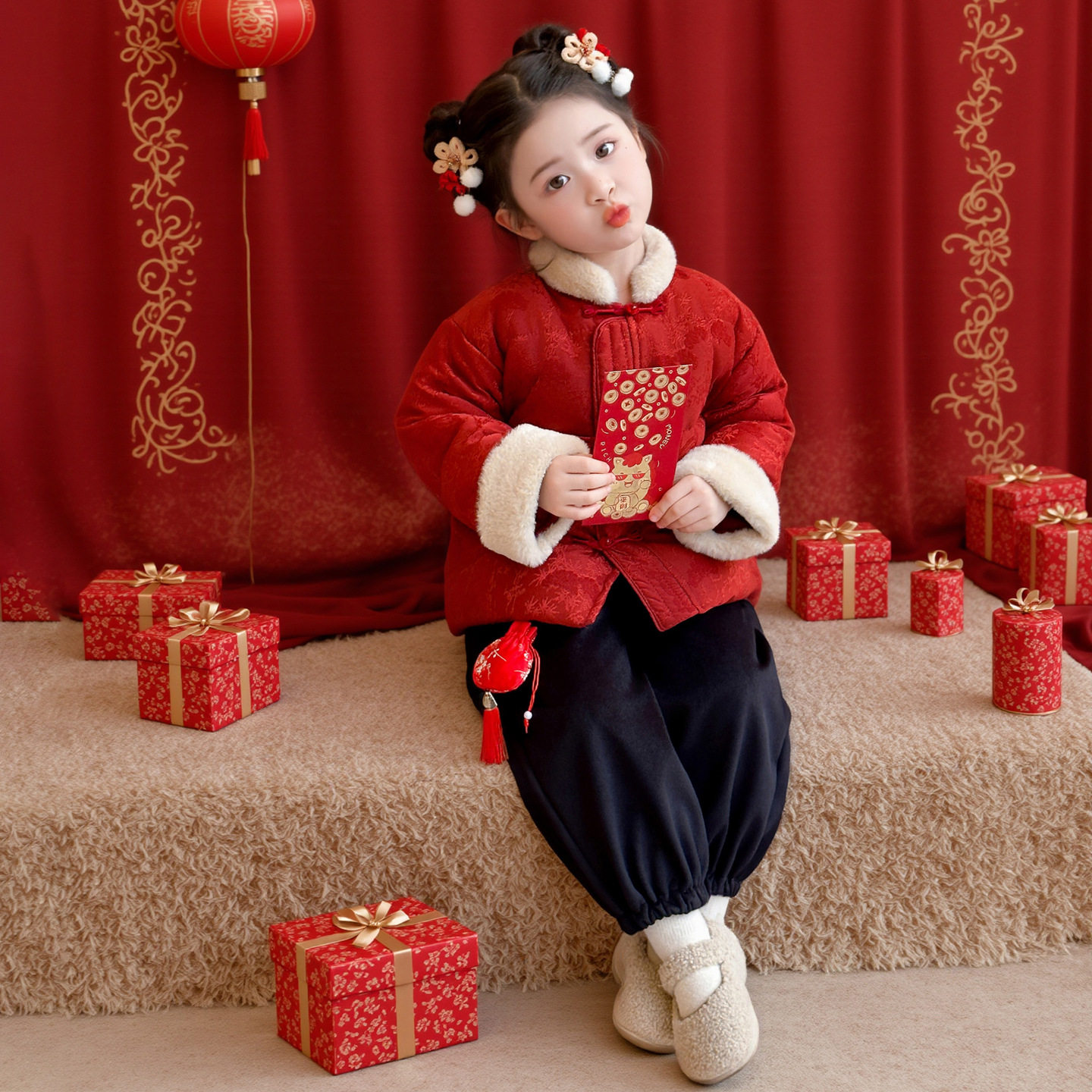 拜年服女童国风棉服套装冬季汉服儿童喜庆过年服周岁宝宝中式礼服,淘宝优惠券,粉丝福利购,淘宝优惠卷