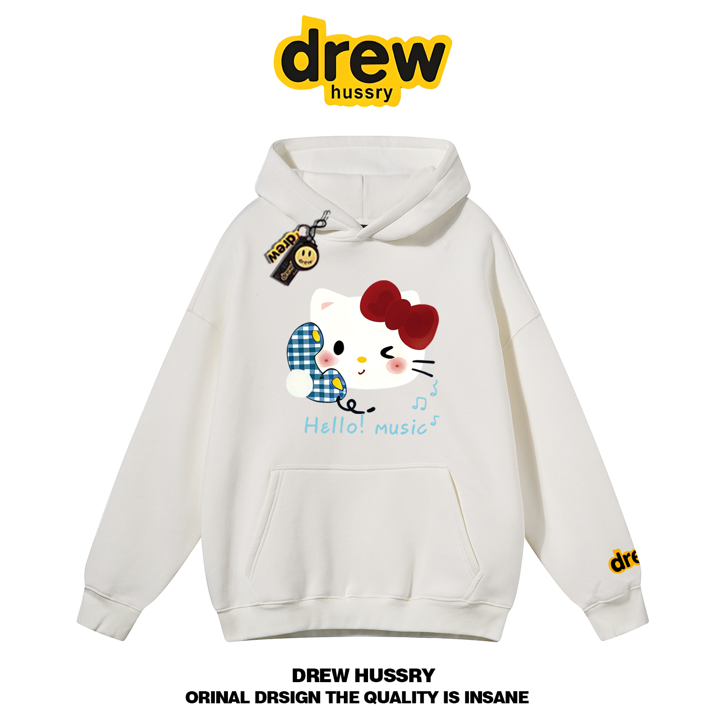 drew笑脸潮牌HelloKitty卡通印花连帽卫衣男女情侣装宽松秋冬外套 - 图1