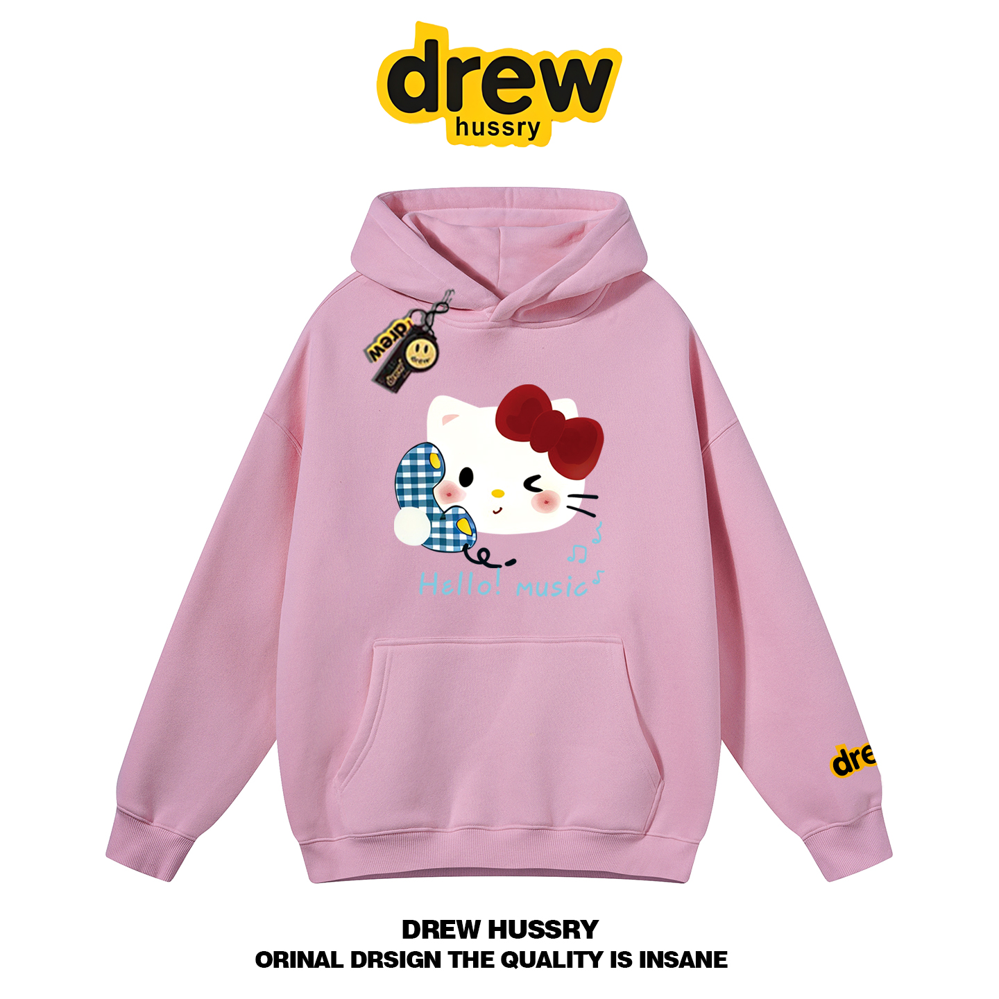 drew笑脸潮牌HelloKitty卡通印花连帽卫衣男女情侣装宽松秋冬外套 - 图3