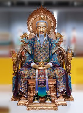 铜极彩三清道祖神像九龙椅供奉