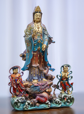 中式纯铜观音佛像金童玉女供奉