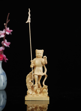 哪吒三太子神像黄杨木站莲花龙