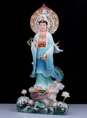 汉白玉站龙观音佛像供奉摆件