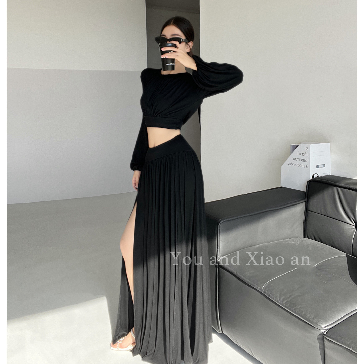 南韩财阀~显白孔雀蓝蝙蝠袖上衣垂感高开叉半身长裙高质感套装女,淘宝优惠券,粉丝福利购,淘宝优惠卷