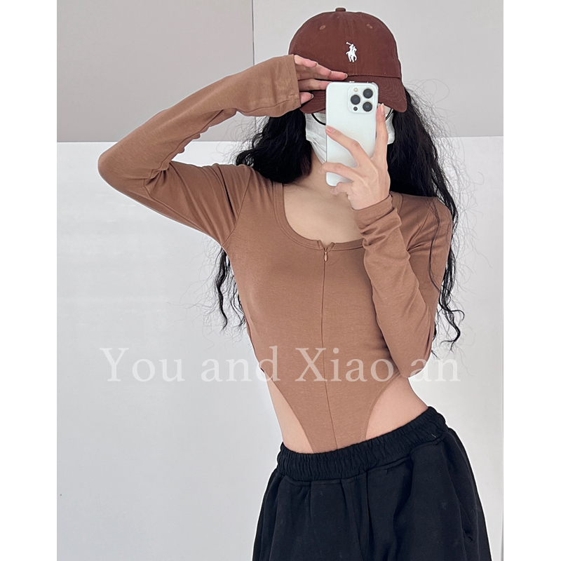 和小安辣妹性感露腰连体衣女欧美春显瘦纯欲上衣内搭打底长袖T恤 - 图2