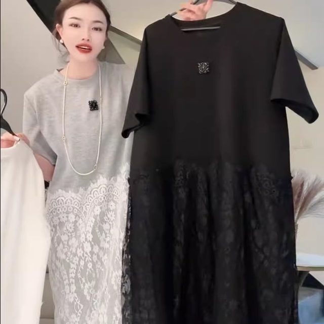 Style loose and versatile short-sleeved patchwork lace dress