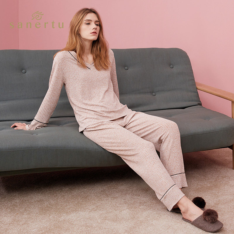 三耳兔春秋长袖v领居家纯色睡衣 三耳兔睡衣/家居服套装