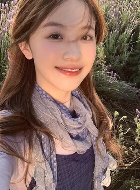 藤井树同款灰蓝色波点蕾丝边丝巾女木耳边长款围巾川西穿搭披肩