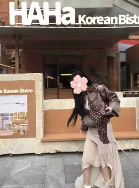 早秋韩版复古波点印花长条丝巾女慵懒风简约感围巾多用式系脖