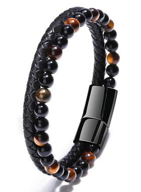 跨境火山虎眼串珠天然石手链士牛皮绳手镯手串欧美风手饰品