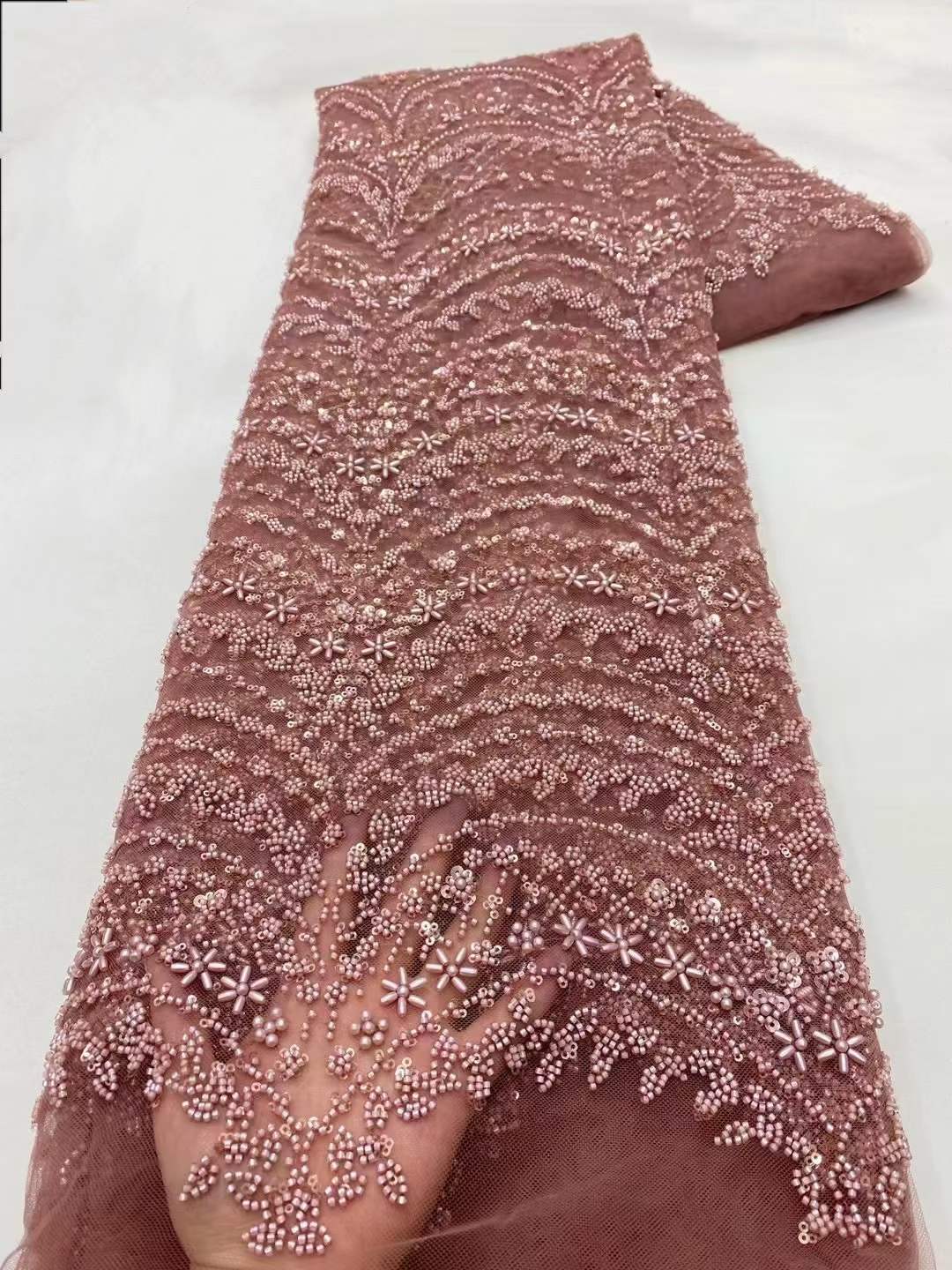 重工婚纱礼服亮片珠管面料时装立体花网纱蕾丝绣布料beaded lace-图0