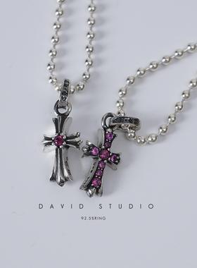 纯银做旧蓝钻迷你十字架项链